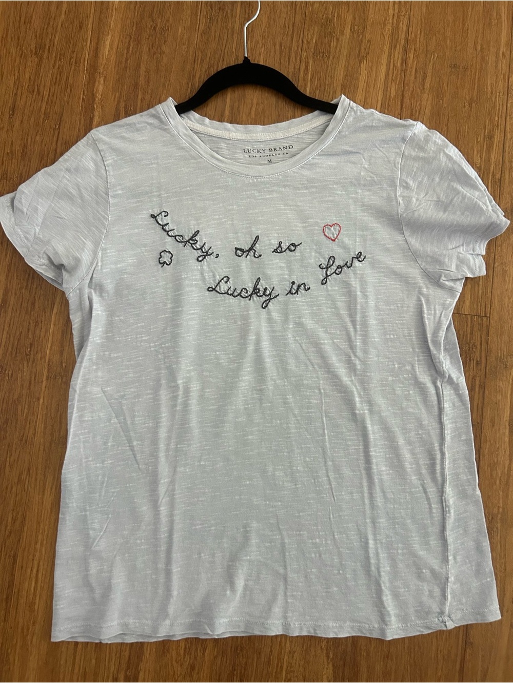 Lucky Brand Gray ‘Lucky in Love’ Script Embroidery Tee